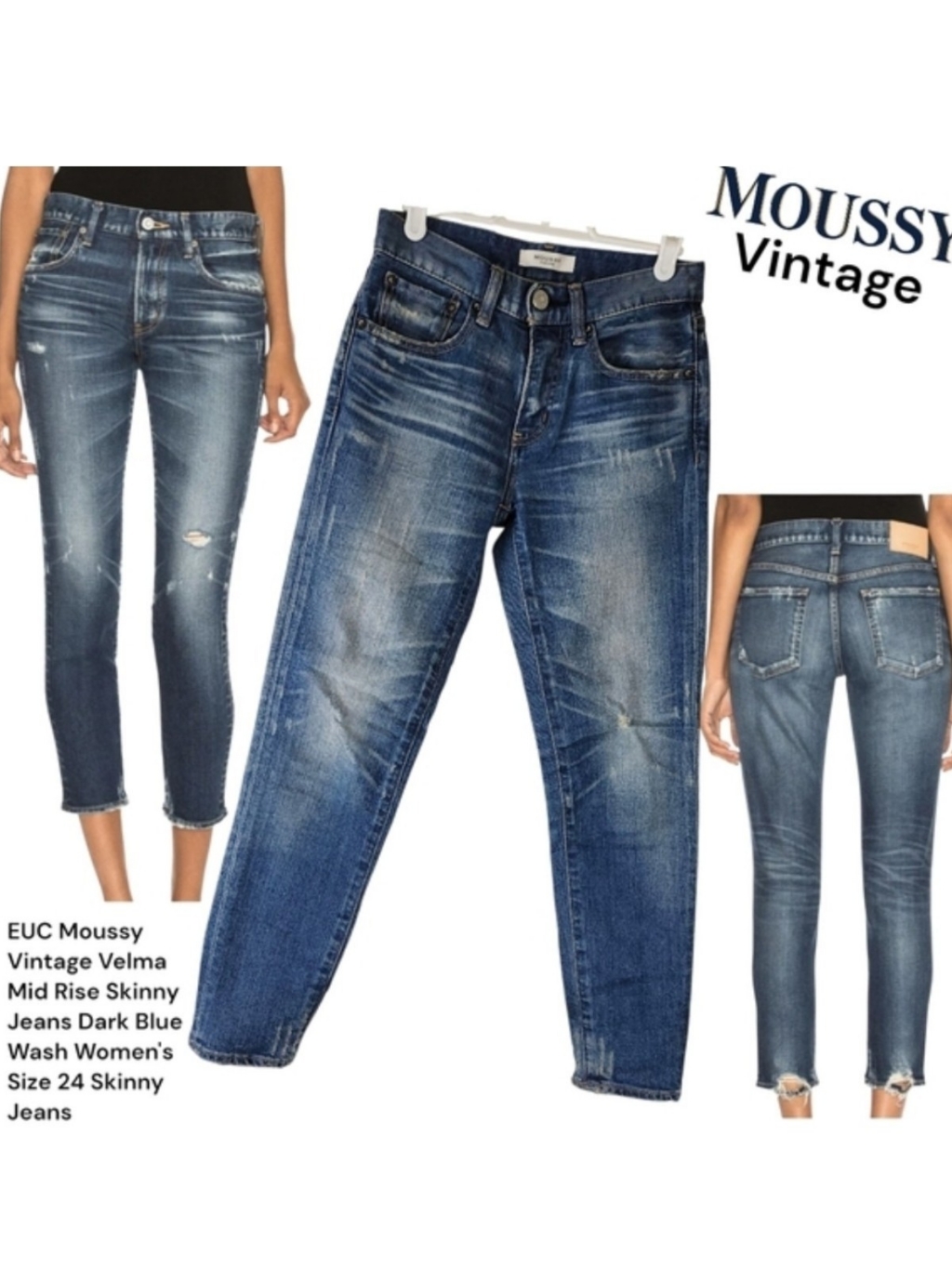 Moussy Vintage Velma Mid Rise Skinny Jeans Distressed 025dsc12-1050 Women's 24